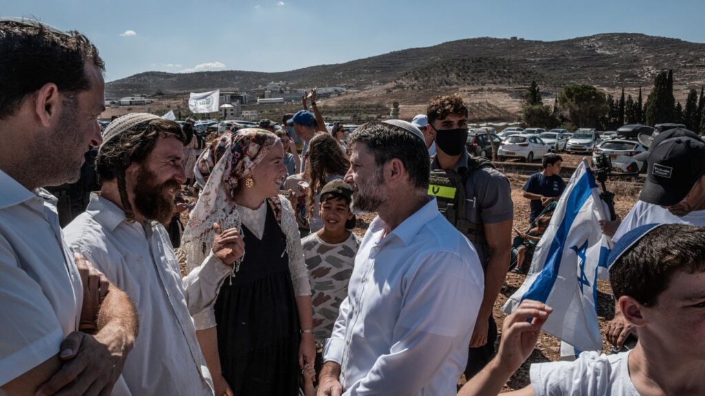Bezalel Smotrich, Israel far-right finance minister and chief settlement promoter, visits the Shavel Shomron settlement in the West Bank, on Oct. 8, 2025. Israel’s government is planning to allocate hundreds of millions of dollars to rapidly expand Jewish settlements across the occupied West Bank, trying to lock in changes that would be difficult to reverse if the country’s current leaders are not re-elected in 2026 national elections. (Daniel Berehulak/The New York Times)