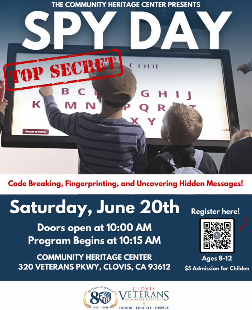 Image of a "Spy Day" for kids flyer stamped "Top Secret" featuring two youth in front of a code screen