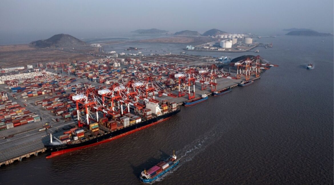 Cargo ships and containers at the port of Yangshan, China, on Feb. 1, 2025. The Trump administration on June 3, 2026 announced plans to impose tariffs of up to 12.5 percent on many major trading partners, including China, Canada, Mexico and the European Union, citing their failure to enact or effectively enforce laws prohibiting imports made with forced labor. (The New York Times)