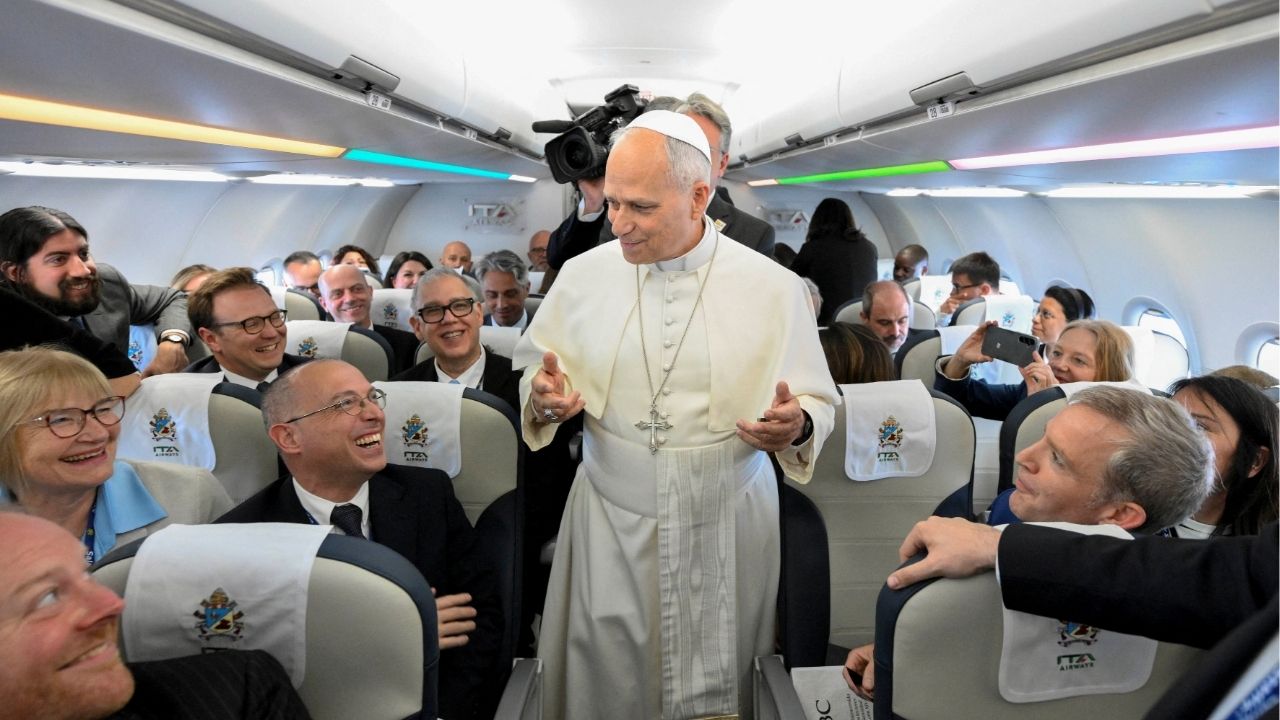 Pope Leo XIV speaks to journalists aboard the papal flight from Rome to Madrid, June 6, 2026, on the occasion of his apostolic journey to Spain June 6, 2026. Simone Risoluti /Vatican Media/­Handout via Reuters