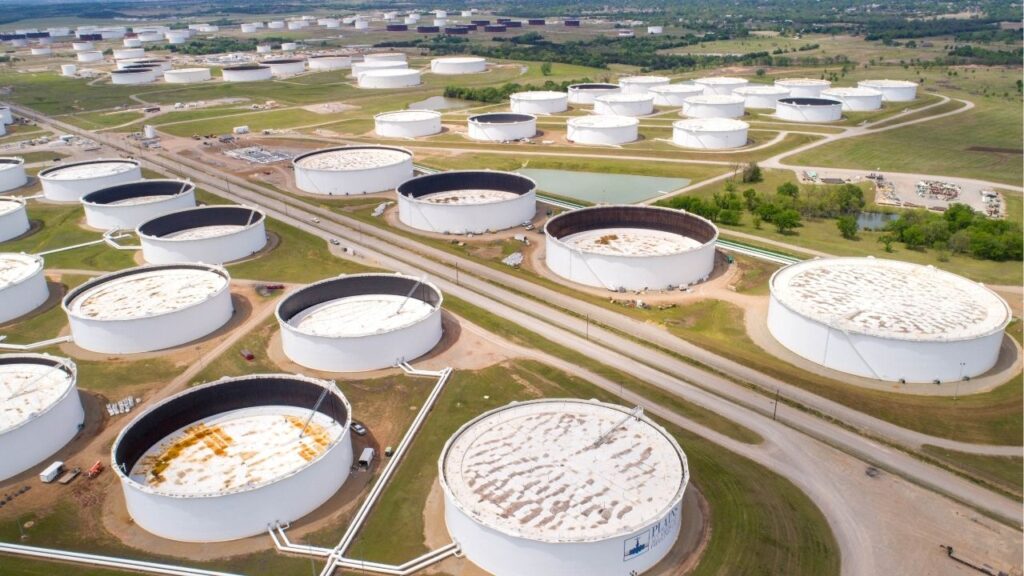 Crude oil storage tanks are seen in an aerial photograph at the Cushing oil hub in Cushing, Oklahoma, U.S. April 21, 2020. (Reuters File)