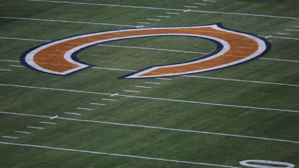 Dec 26, 2024; Chicago, Illinois, USA; The Chicago Bears logo is seen at midfield prior to a game between the Chicago Bears and Seattle Seahawks at Soldier Field. Mandatory Credit: Talia Sprague-Imagn Images