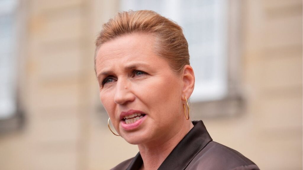 Denmark's acting Prime Minister Mette Frederiksen speaks to members of the media after her visit to the King at Amalienborg Palace in Copenhagen, Denmark, May 23, 2026. (Ritzau Scanpix/Emil Helms/via Reuters)