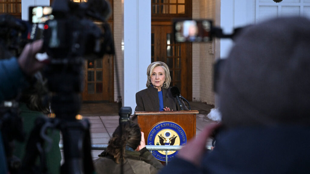 Hillary Clinton speaks to reporters after her deposition with the House Oversight Committee in Chappaqua, N.Y., Feb. 26, 2026. The House Oversight Committee has released filmed interviews with other witnesses whom it has subpoenaed in its Jeffrey Epstein investigation, including Clinton. (Kenny Holston/The New York Times)