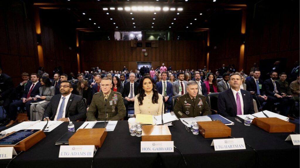 FBI Director Kash Patel, Defense Intelligence Agency Director Lt. Gen. James Adams, Director of National Intelligence (DNI) Tulsi Gabbard, Acting National Security Agency Director Lt. Gen. William Hartman and CIA Director John Ratcliffe testify before a Senate Intelligence Committee hearing on Capitol Hill in Washington, D.C., U.S., March 18, 2026. (Reuters File)