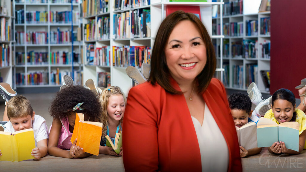 Fresno Unified Superintendent Misty Her with Students Reading in the background