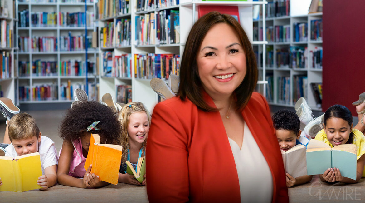 Fresno Unified Superintendent Misty Her with Students Reading in the background