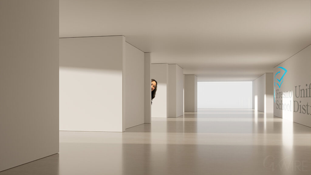 Composite image of a woman peeking around the corner in a hallway