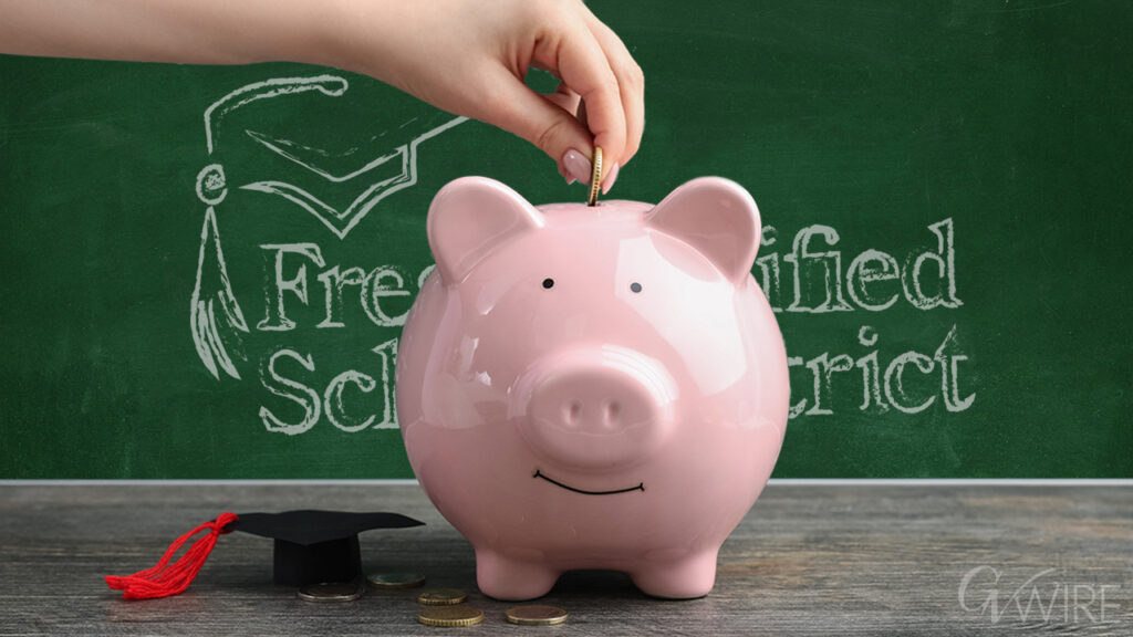 Composite image if a pink piggy bank, a hand dropping coins in, a green chalkboard upon which is written Fresno Unified School District