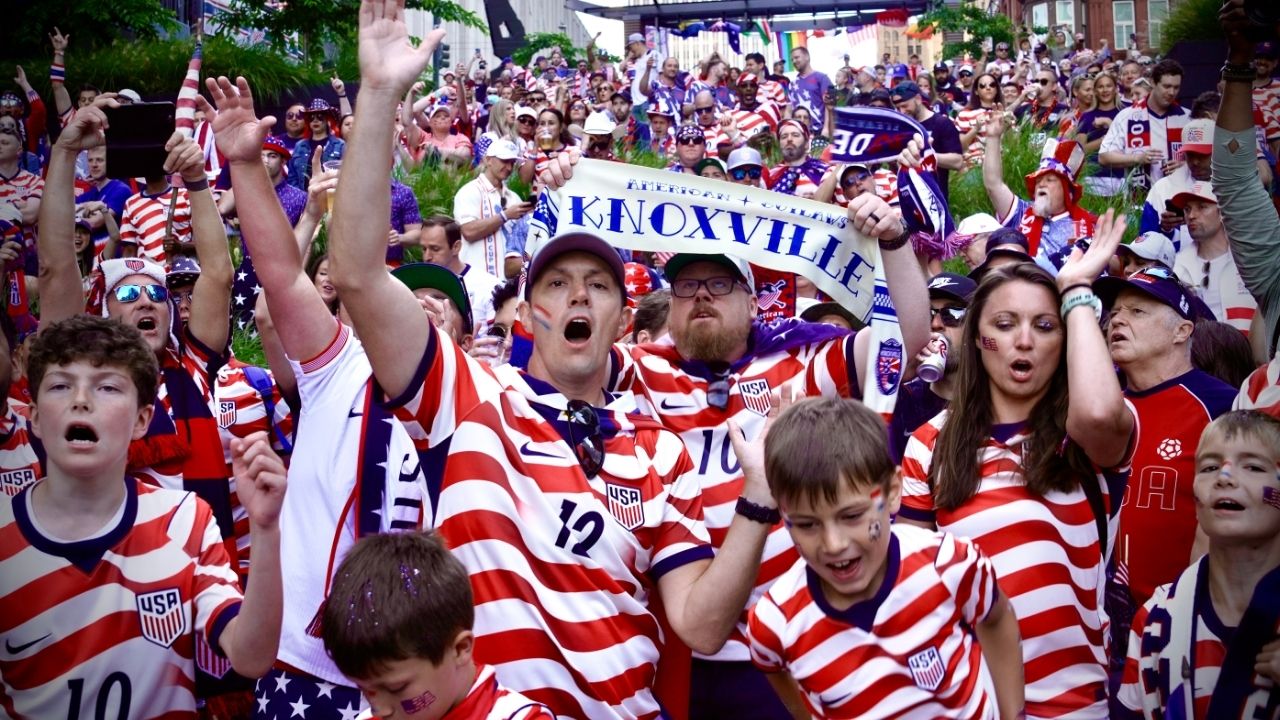 Fans of the United States team march to the stadium in Seattle ahead of the Australia vs. U.S. World Cup soccer match on Friday, June 19, 2026. Adopting a tradition from Europe, thousands of caffeinated and beer-fueled fans marched through Seattle to the contest. (Ruth Fremson/The New York Times)