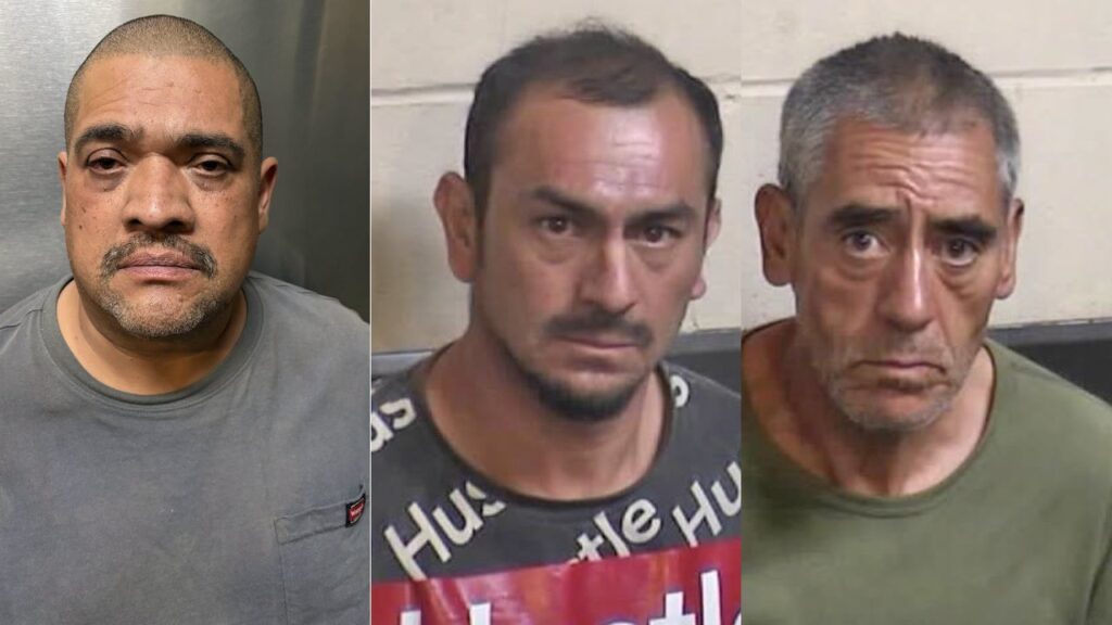 Fresno County sheriff’s detectives arrested Francisco Lopez (left), 54, Josue Vargas (center), 46, and Jesus Chacon, 56, in connection with the theft of about 2,000 pounds of peaches valued at $8,500 from a Tulare County farm. (Fresno County SO)