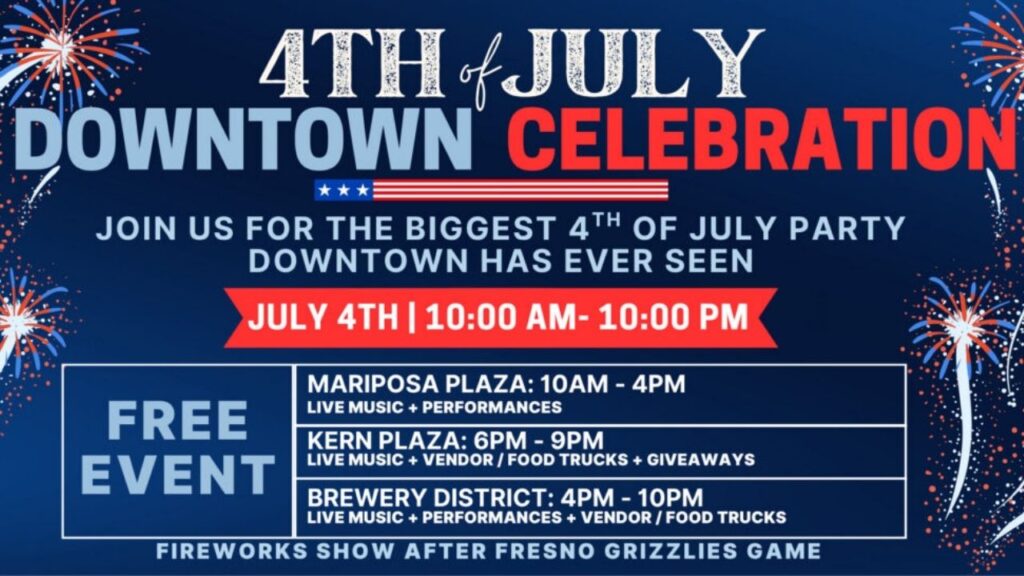 Fresno will celebrate America's 250th birthday with a free, all-day Fourth of July event in Downtown Fresno on July 4, 2026, featuring live performances, food vendors, and fireworks across three venues from 10 a.m. to 10 p.m. (City of Fresno)