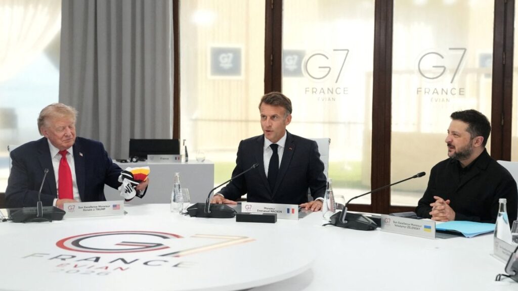 From left, U.S. President Donald Trump, French President Emmanuel Macron and Ukrainian President Volodymyr Zelenskiy during a working session at the G7 summit in Evian-les-Bains, France, June 16, 2026. (Thibault Camus/Pool via Reuters)