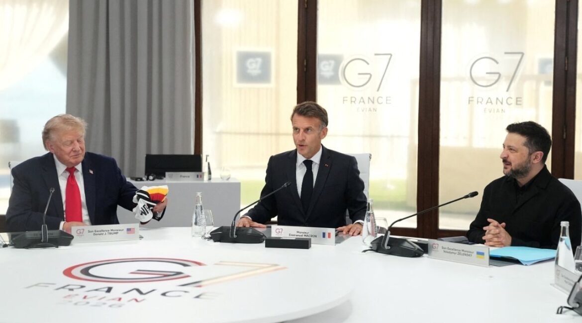 From left, U.S. President Donald Trump, French President Emmanuel Macron and Ukrainian President Volodymyr Zelenskiy during a working session at the G7 summit in Evian-les-Bains, France, June 16, 2026. (Thibault Camus/Pool via Reuters)