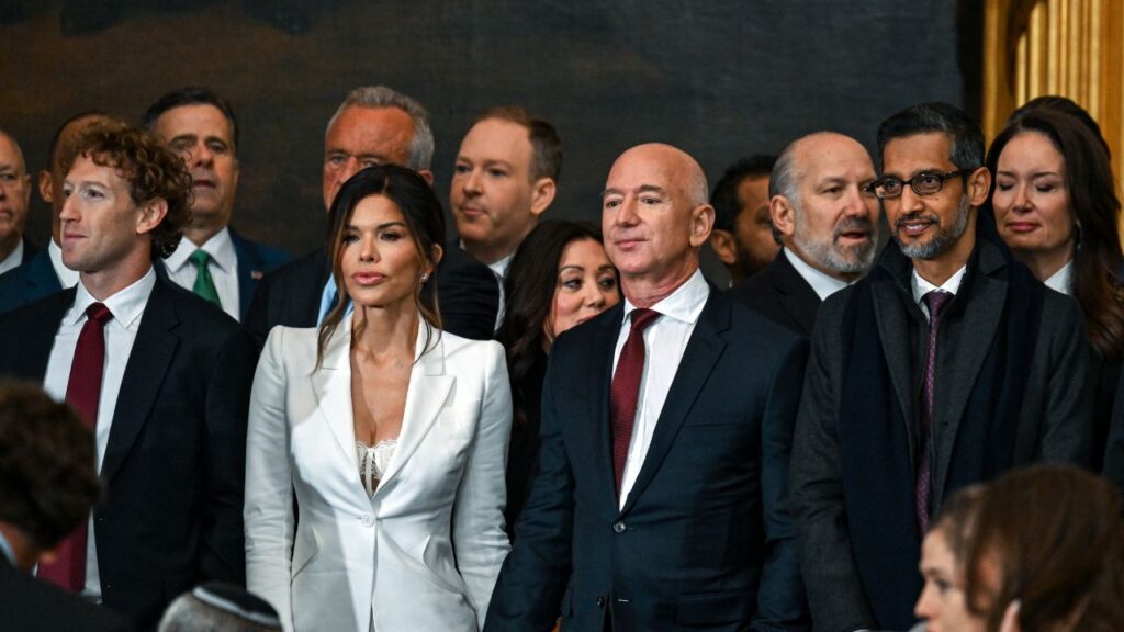 From left in the front row: Mark Zuckerberg, the chief executive of Meta; Lauren Sánchez with Jeff Bezos, the founder of Amazon; and Sundar Pichai, the chief executive of Google, arrive for the inauguration of Donald Trump as the 47th president of the United States at the Capitol in Washington on Jan. 20, 2025. The artificial intelligence boom has funneled trillions of dollars of capital investment into a handful of tech companies. (Kenny Holston/The New York Times)