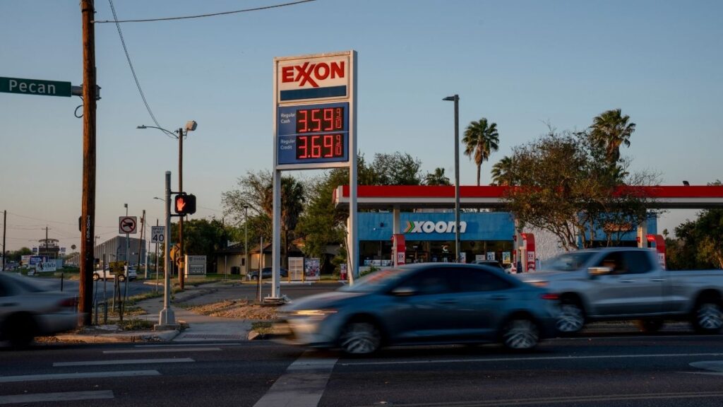 Gas prices at a gas station in McAllen, Texas, March 27, 2026. Iran and U.S.-allied Oman are moving forward with plans to collect payment for ships transiting the Strait of Hormuz, despite public American objections, according to an Iranian official and four diplomats with knowledge of the matter. (Gabriel V. Cárdenas/The New York Times)
