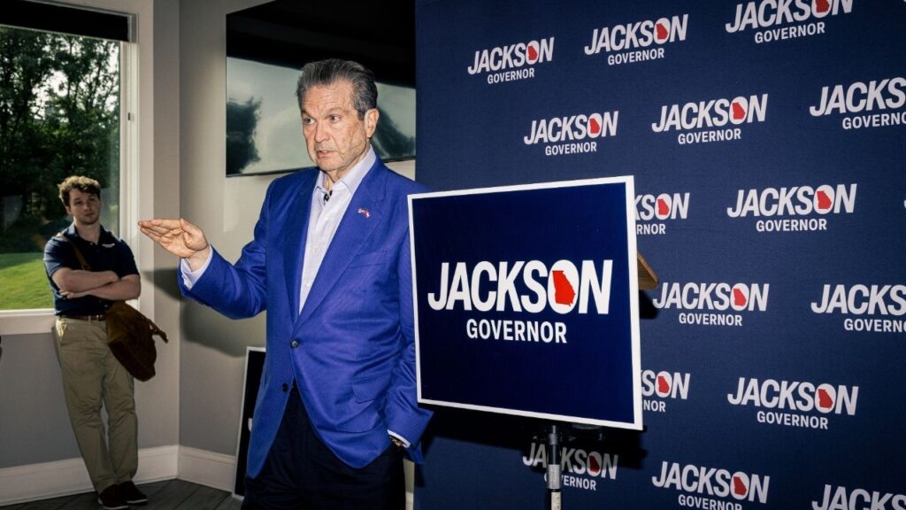 Georgia gubernatorial candidate Rick Jackson speaks at a campaign event in Jefferson, Ga., April 29, 2026. Jackson, a billionaire health care executive and newcomer to politics, defeated President Donald Trump’s chosen candidate in Tuesday’s runoff to secure the Republican nomination for the Georgia governor’s race, The Associated Press said. (Dustin Chambers/The New York Times)