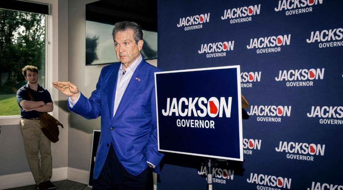Georgia gubernatorial candidate Rick Jackson speaks at a campaign event in Jefferson, Ga., April 29, 2026. Jackson, a billionaire health care executive and newcomer to politics, defeated President Donald Trump’s chosen candidate in Tuesday’s runoff to secure the Republican nomination for the Georgia governor’s race, The Associated Press said. (Dustin Chambers/The New York Times)