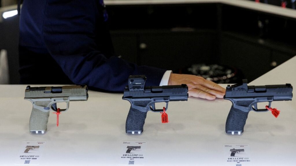 Guns are displayed at an exhibition booth, during the annual National Rifle Association (NRA) meeting in Dallas, Texas, U.S., May 19, 2024. (Reuters File)