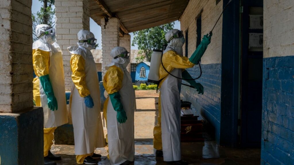 Health workers in the mining city of Mongbwalu, Democratic Republic of Congo, the center of an Ebola outbreak that has killed more than 200 people, on May 25, 2026. French officials on June 24 confirmed the first case of Ebola in the country, a doctor who had traveled to Congo, who has now been admitted to a special health care facility and is in stable condition. (Arlette Bashizi/The New York Times)