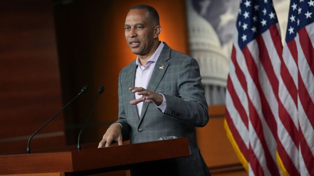 House Minority Leader Hakeem Jeffries (D-N.Y.) speaks to reporters during a news conference at the Capitol in Washington, on Thursday, June 11, 2026. By a 218-to-198 vote, the House on Thursday rejected a three-week extension of one of the government’s most powerful surveillance authorities for collecting information on foreign threats overseas, further raising the prospect that the law will expire on Saturday. (Salwan Georges/The New York Times)