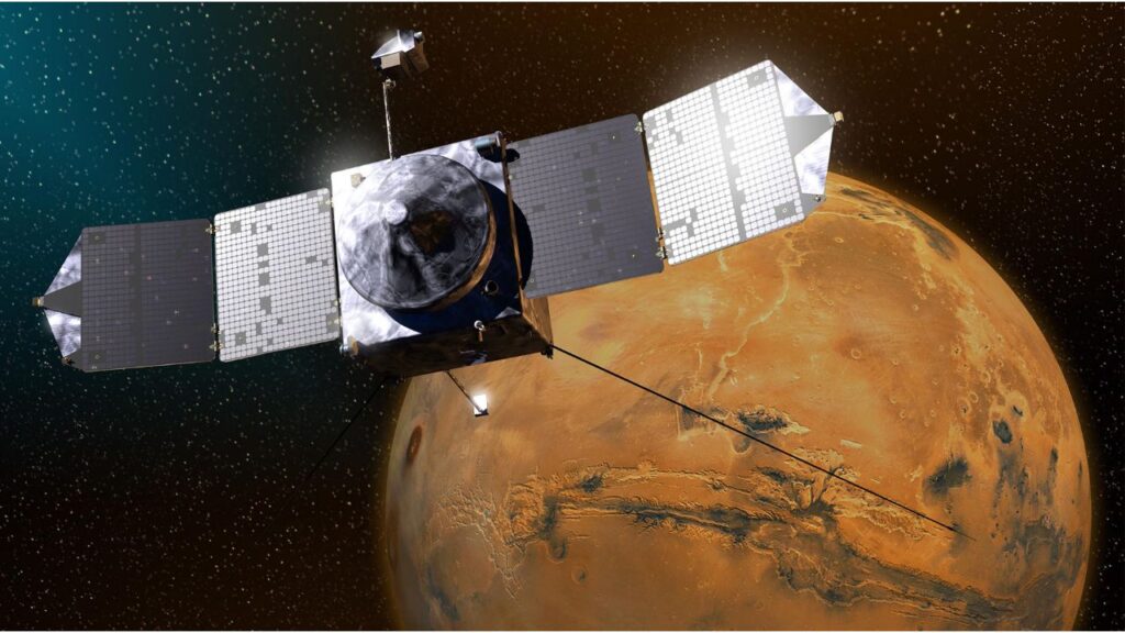 In an undated image provided by NASA, an artist’s concept of the Mars Atmosphere and Volatile Evolution, or MAVEN, which has been orbiting around Mars since 2014. On Wednesday, June 3, 2026, NASA announced the end of a more than 11-year mission aimed at solving a key mystery about Mars: What happened to the air that once made the planet habitable? (NASA via The New York Times)