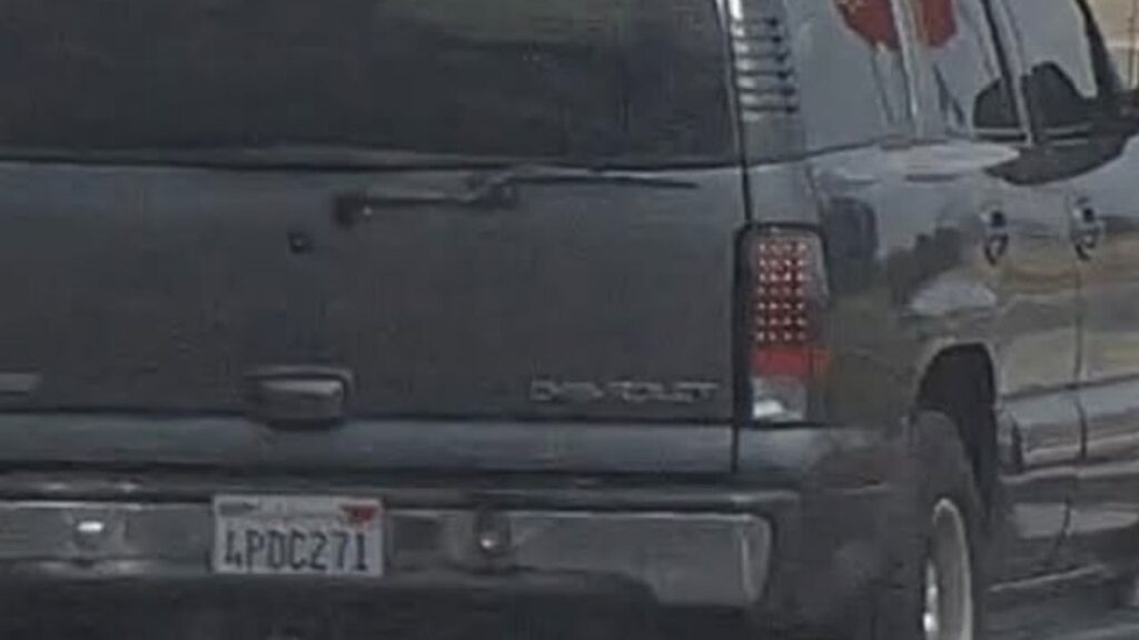 Investigators said a gray Chevrolet SUV was used in the theft, with a second person arriving after a phone call to help load the stolen merchandise before both left the scene. (Visalia PD)