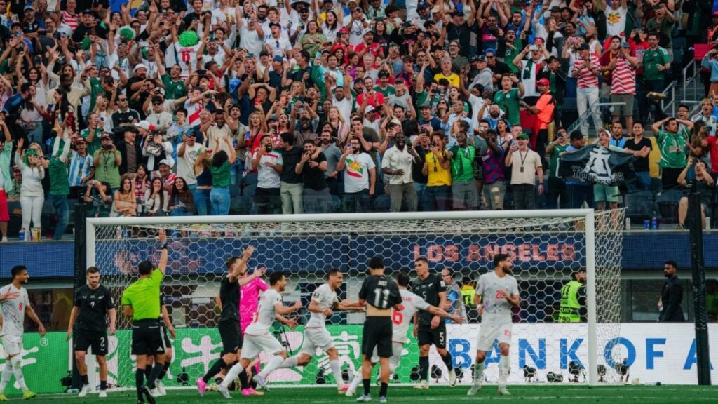 Iran plays New Zealand during the 2026 FIFA World Cup Tournament in Los Angeles, June 15, 2026. Los Angeles is home to one of the largest Iranian diaspora communities in the world, making the Iran team’s World Cup group-stage match with New Zealand just as much a political event as a sporting event. (Gabriela Bhaskar/The New York Times)