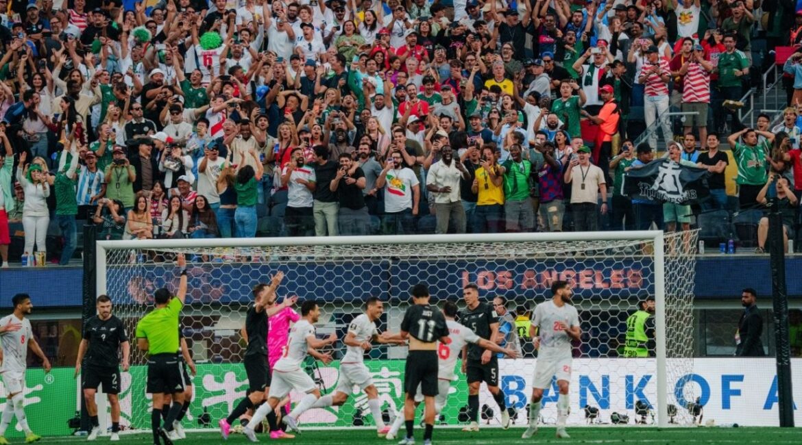 Iran plays New Zealand during the 2026 FIFA World Cup Tournament in Los Angeles, June 15, 2026. Los Angeles is home to one of the largest Iranian diaspora communities in the world, making the Iran team’s World Cup group-stage match with New Zealand just as much a political event as a sporting event. (Gabriela Bhaskar/The New York Times)