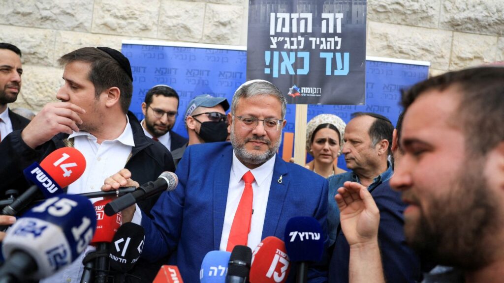 Israeli National Security Minister Itamar Ben-Gvir speaks to members of the media on the day the Supreme Court hears a petition seeking to force Prime Minister Benjamin Netanyahu to remove him, in Jerusalem, April 15, 2026. (Reuters File)