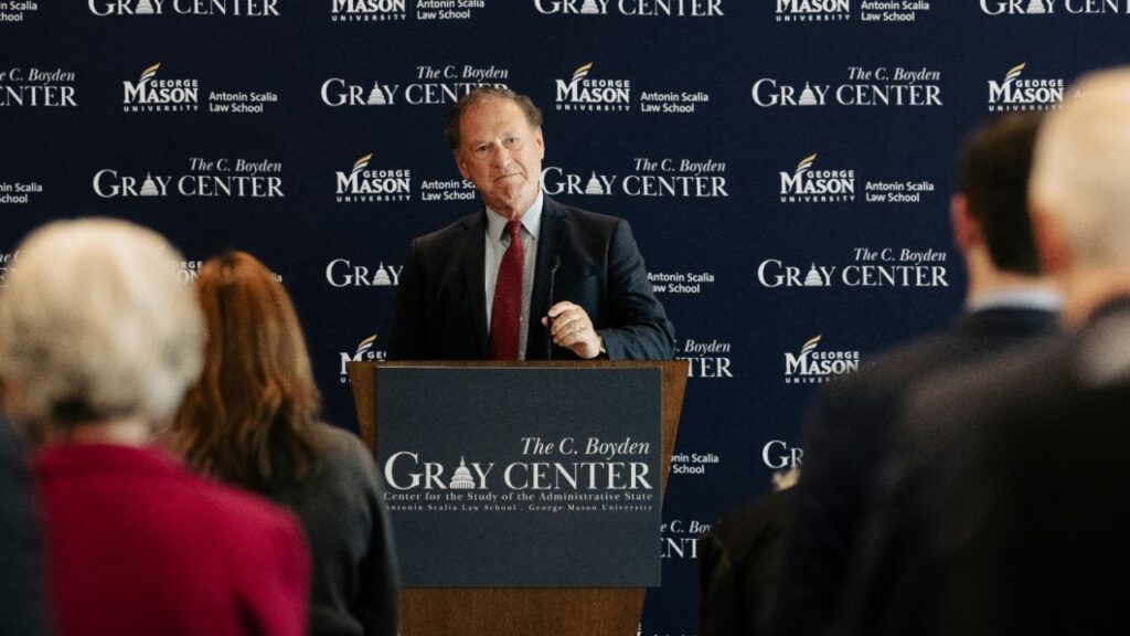 Justice Samuel Alito of the Supreme Court speaks during an academic conference in Washington, Oct. 3, 2025. NPR on Tuesday retracted an article that said that Samuel Alito, an associate justice of the United States Supreme Court, had retired. (Haiyun Jiang/The New York Times)