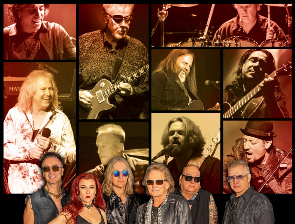 Composite image of the current members of Kansas and Starship featuring Mickey Thomas