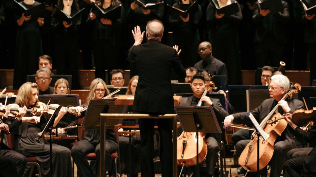Gianandrea Noseda, music director of the National Symphony Orchestra, conducts a performance featuring the Washington Chorus at the John F. Kennedy Center for the Performing Arts in Washington on Jan. 22, 2026. After months of uncertainty, and without an approved budget or secured venue, the orchestra has been unable to schedule its next season. (Caroline Gutman/The New York Times)