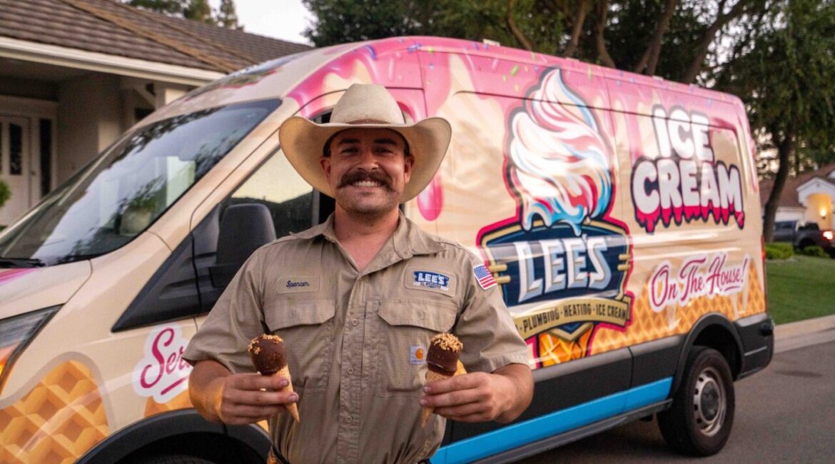 Image of a man in a khaki shirt and a cowboy hat holding an ice cream cone in each hand