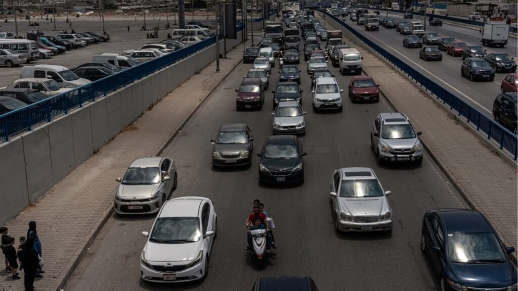 Local residents flee the suburbs south of Beirut, Lebanon, after Israel warned the area would be targeted with attacks on Monday morning, June 1, 2026. For many, urgently leaving the area, known as the Dahiyeh, has become a well-worn routine. (Daniel Berehulak /The New York Times)