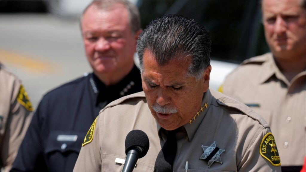 Los Angeles County Sheriff Robert G. Luna speaks at a news conference near the Los Angeles County Sheriff's Department's Biscailuz Center Academy Training facility, where fellow officers were killed following an explosion, in East Los Angeles, California, U.S July 18, 2025. (Reuters/Mike Blake)