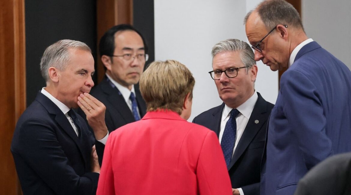 Managing Director of the International Monetary Fund (IMF) Kristalina Georgieva, British Prime Minister Keir Starmer, Canadian Prime Minister Mark Carney and German Chancellor Friedrich Merz talk as they arrive for a working session with G7 leaders and outreach partners on promoting economic growth, during the G7 Summit in Evian-les-Bains, France, June 17, 2026. (Reuters/Christian Hartmann)