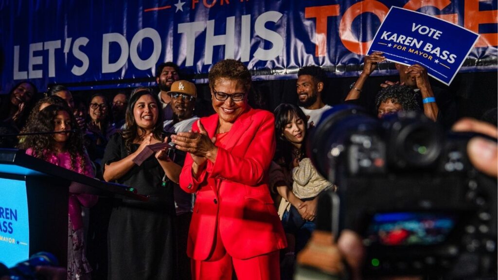Mayor Karen Bass cheers with supporters at the Los Angeles County Democratic watch party in Los Angeles, June 2, 2026. Bass claimed one of two spots on the November ballot late Tuesday, according to The Associated Press. Nithya Raman, a progressive former ally of the mayor, and Spencer Pratt, a onetime reality television star, were battling for second place. (Ariana Drehsler/The New York Times)