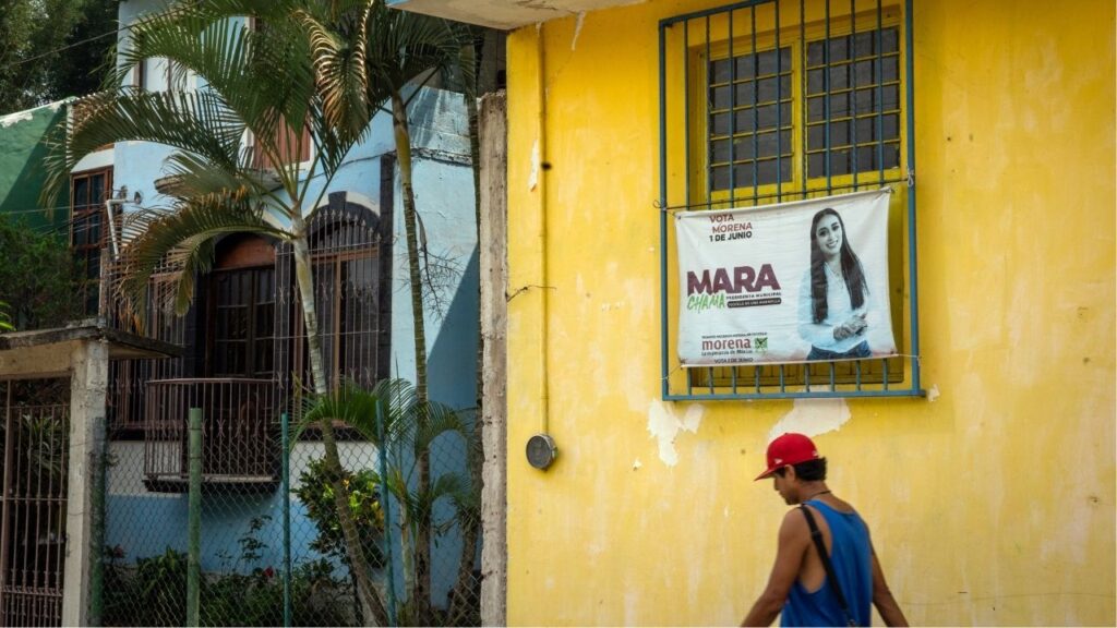 A campaign poster for mayoral candidate Mara Chama Villa in Teocelo, Mexico, on June 2, 2026. Politicians and officials in Mexico are using the country’s laws to intimidate critics and the media, forcing them into censorship and blunting scrutiny. (Marian Carrasquero/The New York Times)