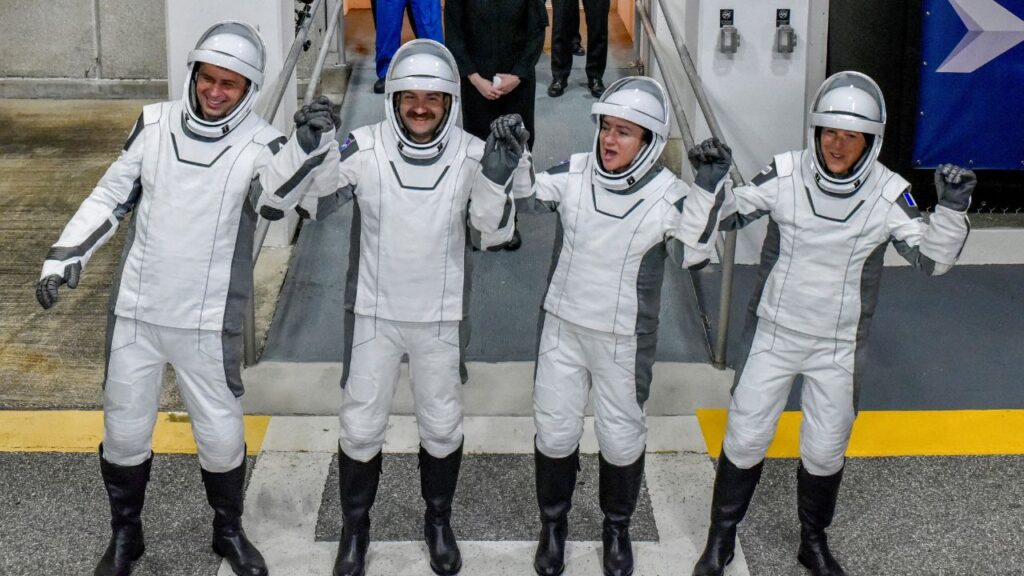 NASA’s Crew-12 members, Russian cosmonaut Andrey Fedyaev, NASA astronauts Jack Hathaway, Jessica Meir, and ESA astronaut Sophie Adenot walk out of the Operations & Checkout Building at the Kennedy Space Center before transport to Launch Complex 40, ahead of their launch to the International Space Station, in Cape Canaveral, Florida, U.S., February 13, 2026. (Reuters File)