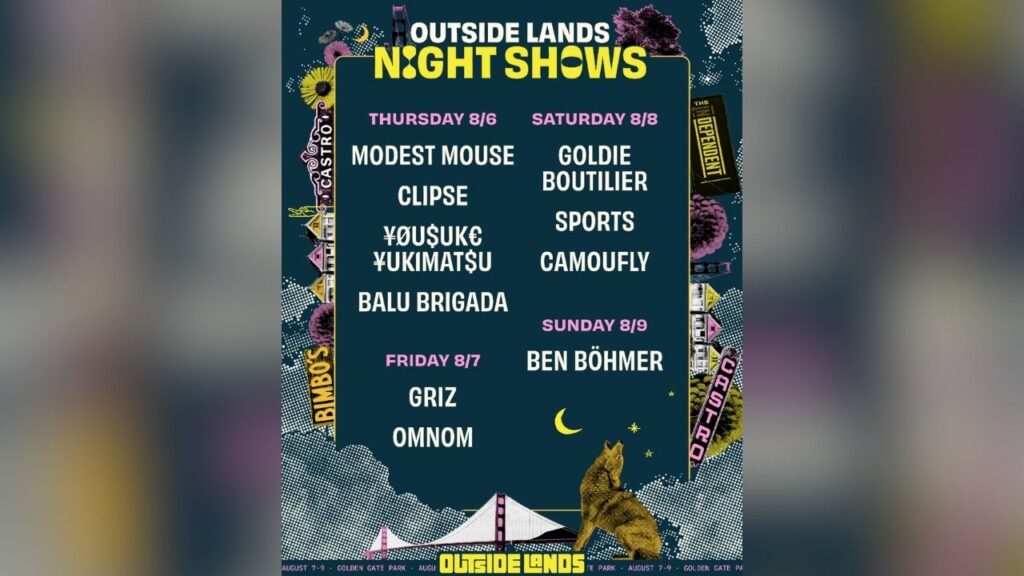 Outside Lands will expand its 2026 festival with a four-night Night Shows series Aug. 6-9 featuring intimate performances by artists including Modest Mouse, Clipse, GRiZ and Ben Böhmer at venues across San Francisco. (Outside Lands)