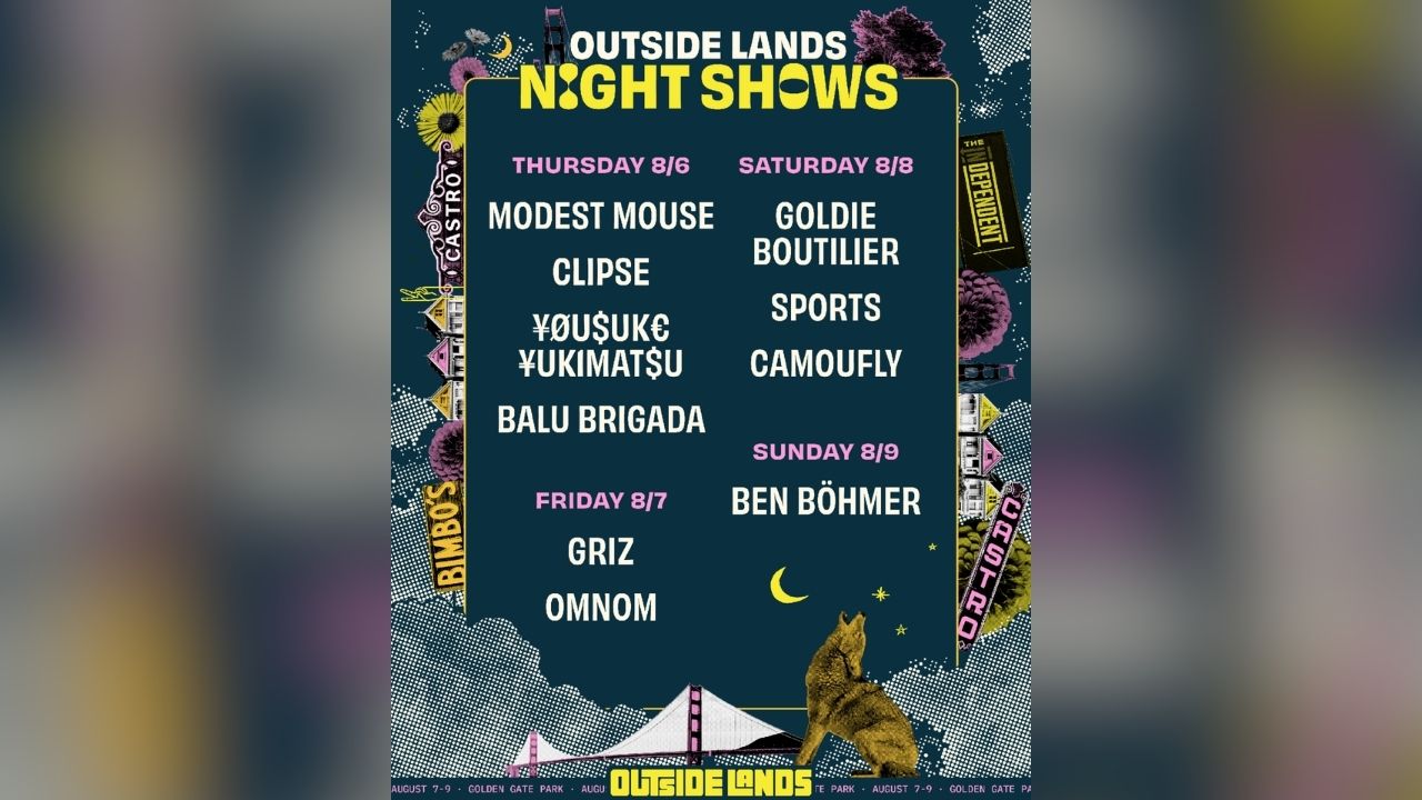 Outside Lands will expand its 2026 festival with a four-night Night Shows series Aug. 6-9 featuring intimate performances by artists including Modest Mouse, Clipse, GRiZ and Ben Böhmer at venues across San Francisco. (Outside Lands)