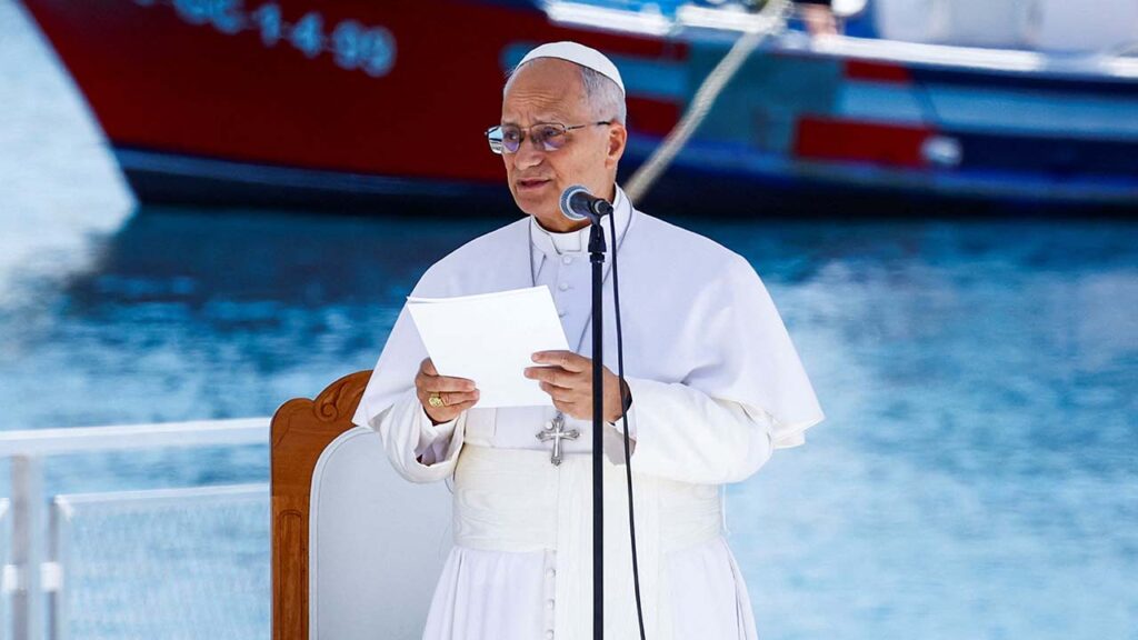 Pope Leo XIV speaks during a meeting with organizations working with migrants at the Port of Arguineguin, during his apostolic journey on the island of Gran Canaria, Spain June 11, 2026. (Reuters/Borja Suarez)
