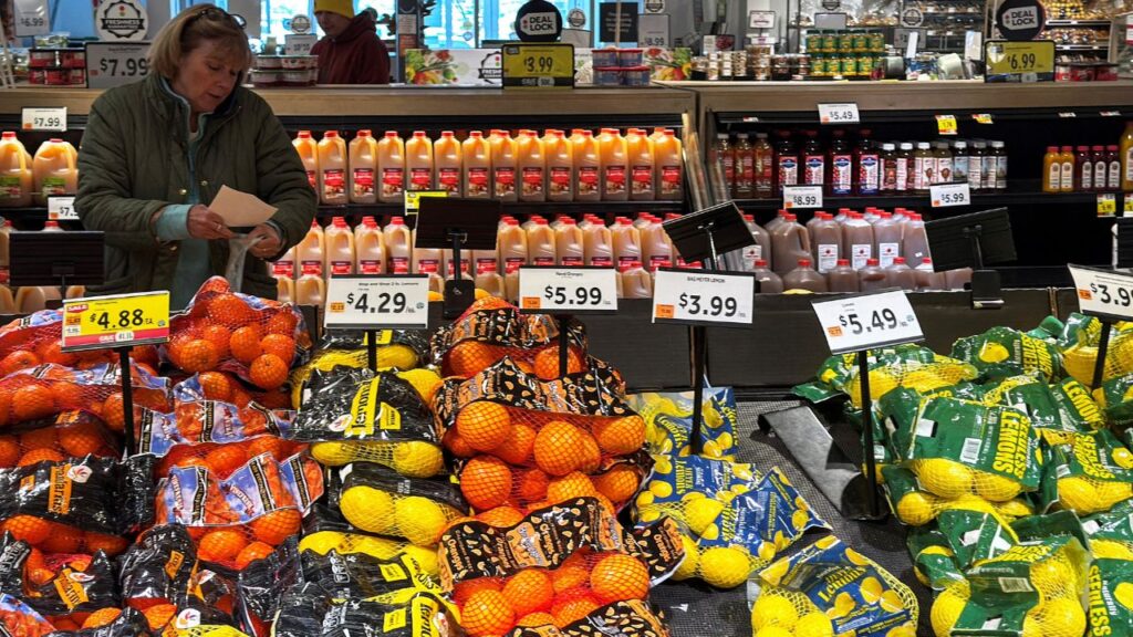 People shop for groceries at a store in Port Washington, New York, U.S., November 19, 2025. REUTERS/Shannon Stapleton