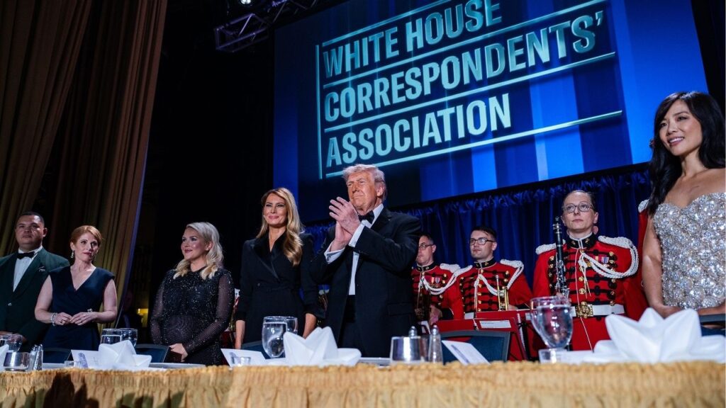 President Donald Trump and first lady Melania Trump, center, attend the 2026 White House Correspondents' Association Dinner at the Washington Hilton in Washington, April 25, 2026. Weijia Jiang, a CBS News reporter and the president of the correspondents’ group, said that the event would be restaged on July 24. (Salwan Georges/The New York Times)