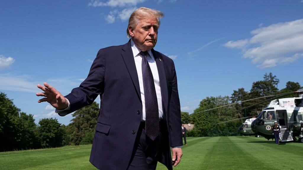 President Donald Trump arrives for the G7 Summit in Evian-les-Bains, France, June 15, 2026. President Trump initially blamed the strike on a Iranian school on Iran even though the country does not have Tomahawk missiles. (Haiyun Jiang/The New York Times)