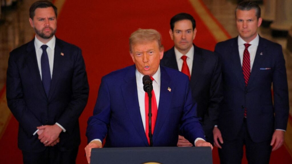 President Donald Trump delivers an address to the nation, accompanied by U.S. Vice President JD Vance, U.S. Secretary of State Marco Rubio and U.S. Defense Secretary Pete Hegseth, at the White House in Washington, D.C., U.S. June 21, 2025. (Reuters/Carlos Barria/Pool)