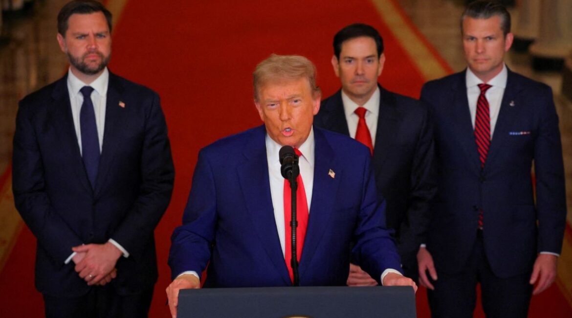 President Donald Trump delivers an address to the nation, accompanied by U.S. Vice President JD Vance, U.S. Secretary of State Marco Rubio and U.S. Defense Secretary Pete Hegseth, at the White House in Washington, D.C., U.S. June 21, 2025. (Reuters/Carlos Barria/Pool)