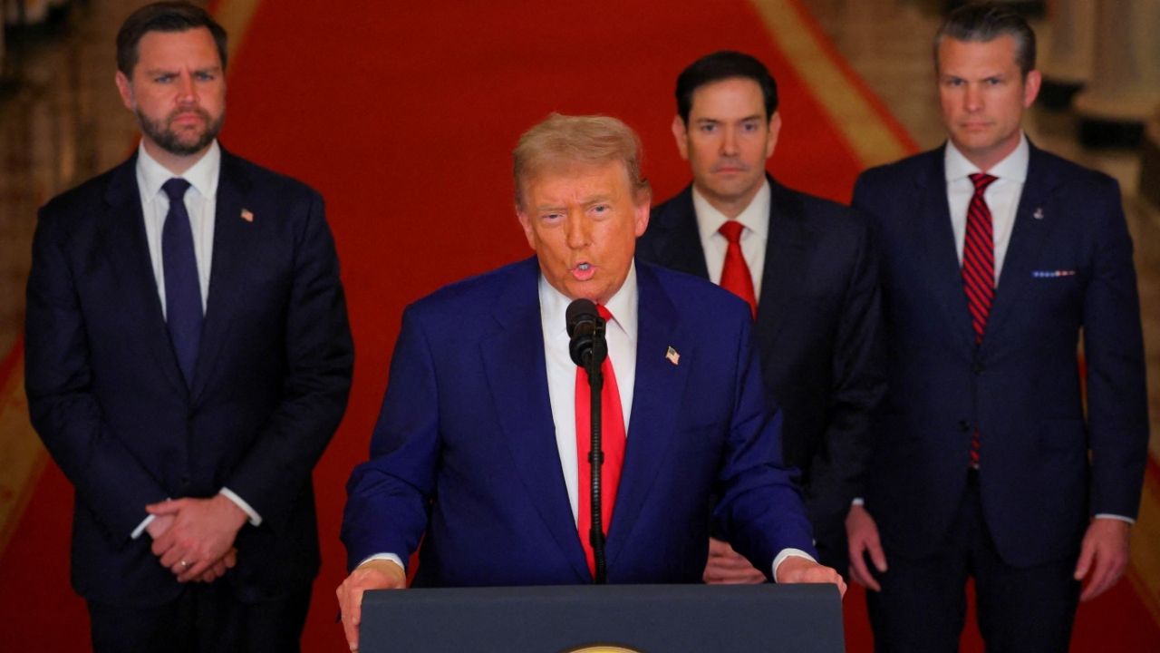 President Donald Trump delivers an address to the nation, accompanied by U.S. Vice President JD Vance, U.S. Secretary of State Marco Rubio and U.S. Defense Secretary Pete Hegseth, at the White House in Washington, D.C., U.S. June 21, 2025. (Reuters/Carlos Barria/Pool)