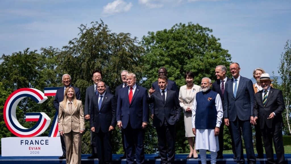 President Donald Trump, front row, third from left, poses for a photo with world leaders during the G7 Summit in Évian-les-Bains, France, on June 16, 2026. China took aim at a U.S. government program to reduce American reliance on Chinese imports for rare-earth magnets, a move that risks reigniting trade tensions with President Trump. (Haiyun Jiang/The New York Times)